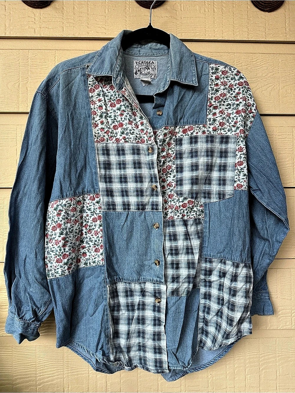 Vintage Chambray Patchwork Floral Plaid Cotton Shirt